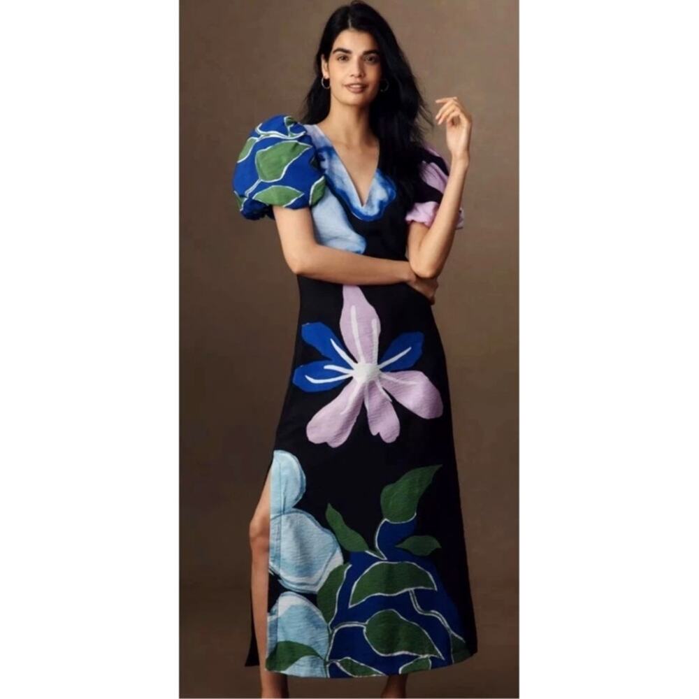 Anthropologie Puff-Sleeve A-Line Floral Maxi Dress L